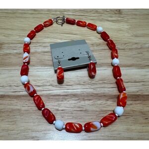 Vintage Red and White Polished Beaded 18" Necklace and Earrings Set